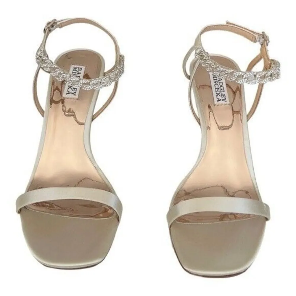 BADGLEY MISCHKA Kai Stiletto Satin Open Toe Rhinestone Ivory Heels Size 10 - Image 7