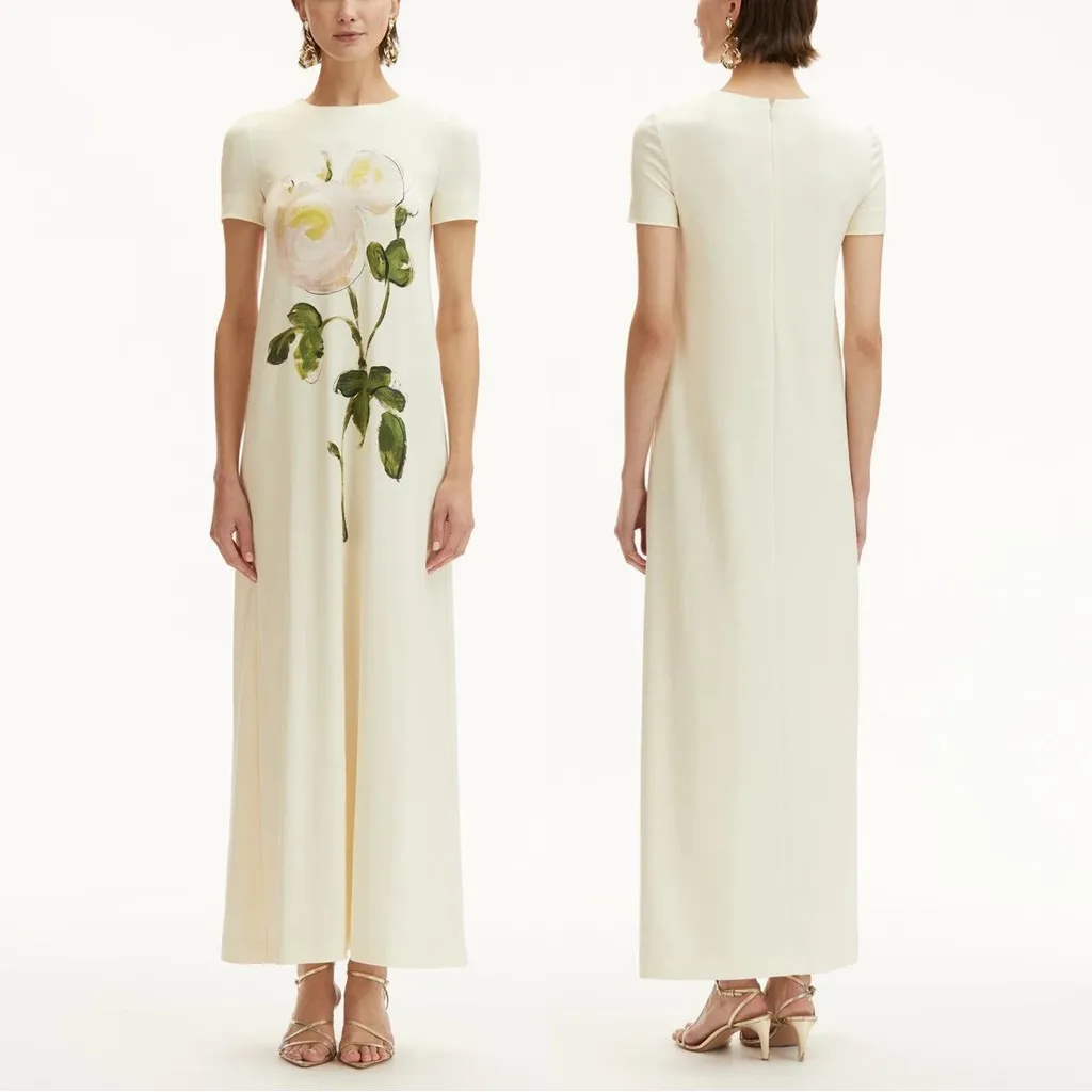 Oscar de la Renta Painted Rose Stretch Jersey Maxi Dress Ivory Size 10 NWT - Image 16
