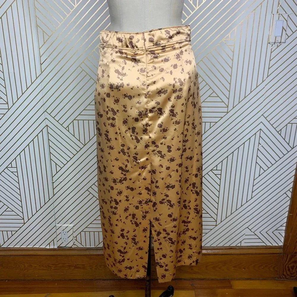 Zara Floral Print‎ Slip Midi Skirt In Tan Gold Brown Satin Size US Medium - Image 8