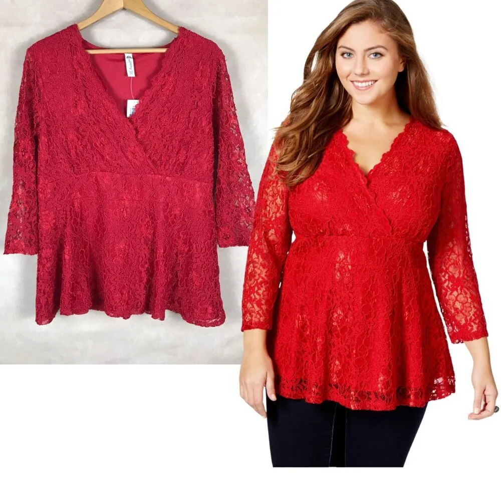Plus Size Red Lace V-neck Top NWT 1X - Image 2