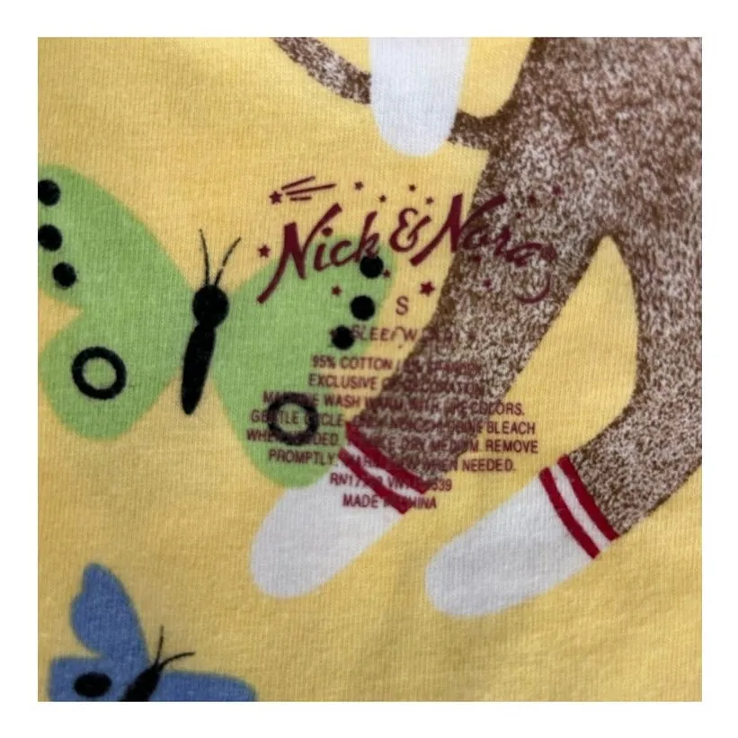 Nick & Nora Yellow Sock Monkey Butterfly Nightgown Size Small - Image 7