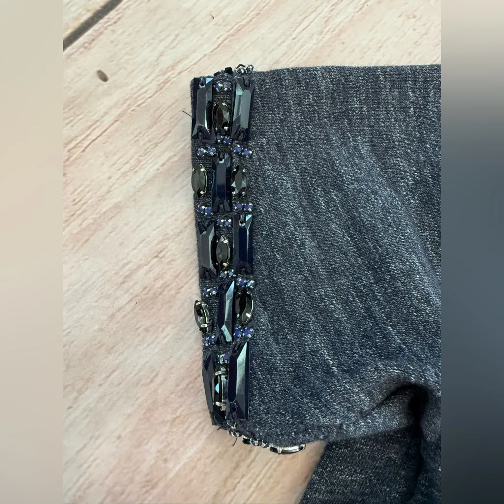 Wkmans J.Crew Blue Marled Jewel Beaded Neckline Short Sleeve Sweatshirt Small - Image 8