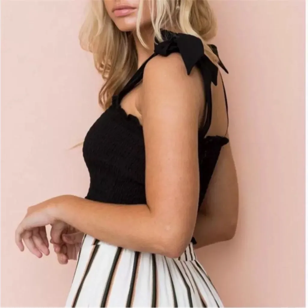 Gabriela Black Smocked Bodice Tie Strap Crop Top Size M - Image 5