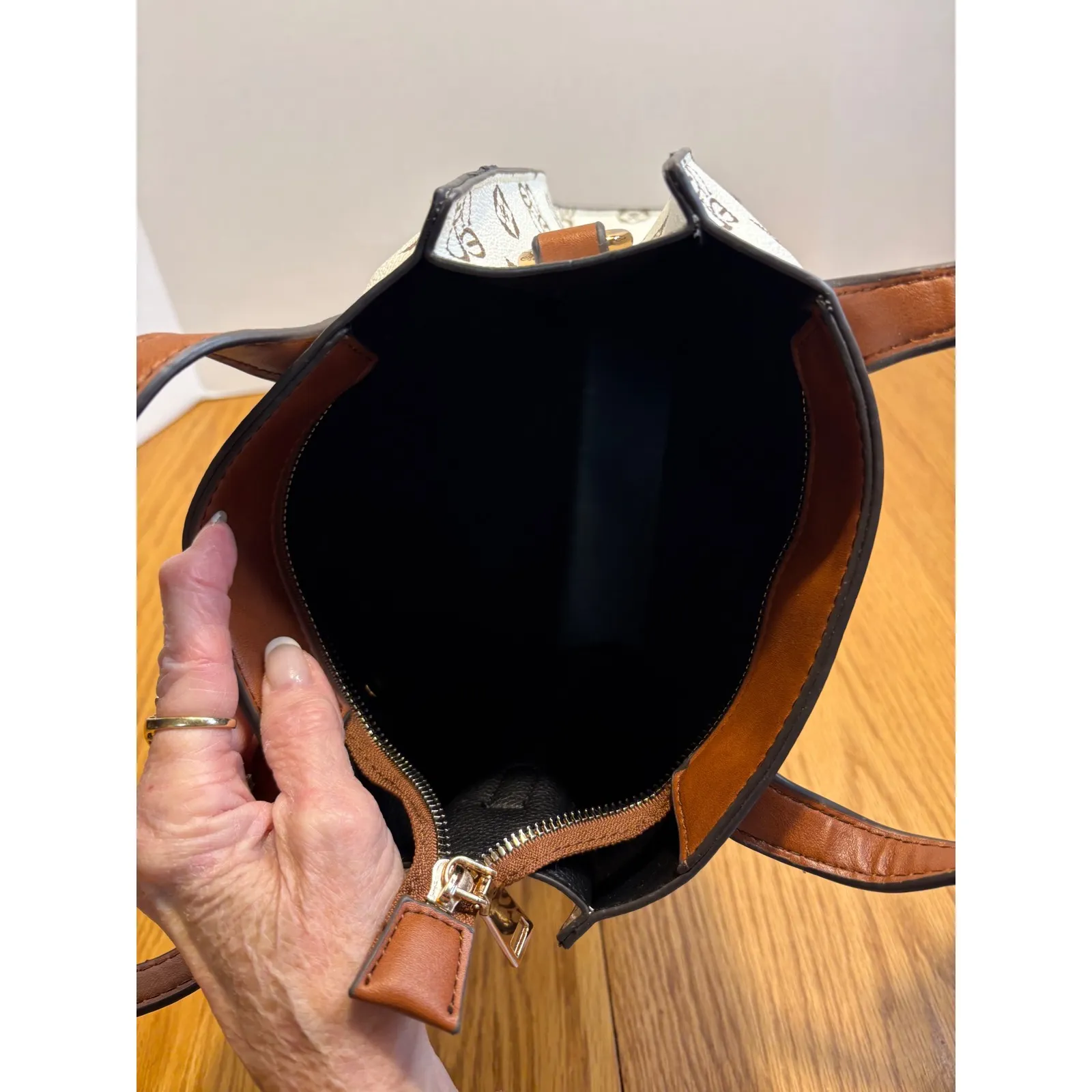 Brown‎ & White Monogram Mini Tote Bag Faux Leather Structured Satchel Purse - Image 9