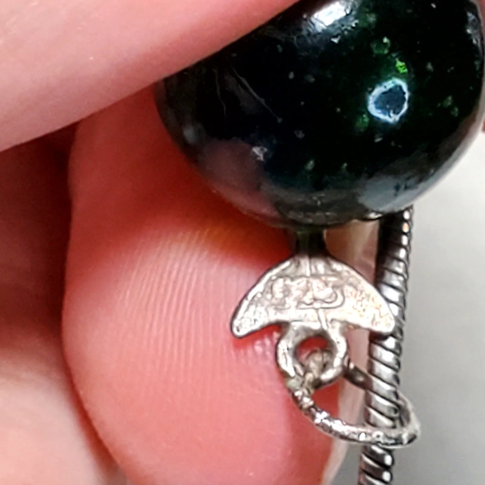 925 Dolphin Wrapped Around Green Glass Ball Charm 16" Necklace Retro - Image 2