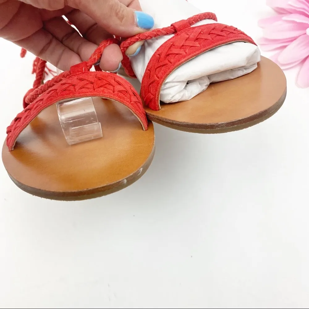 Frye Ruth Suede Leather Whipstich Gladiator Ankle Wrap Sandals Flats: Red - Image 8