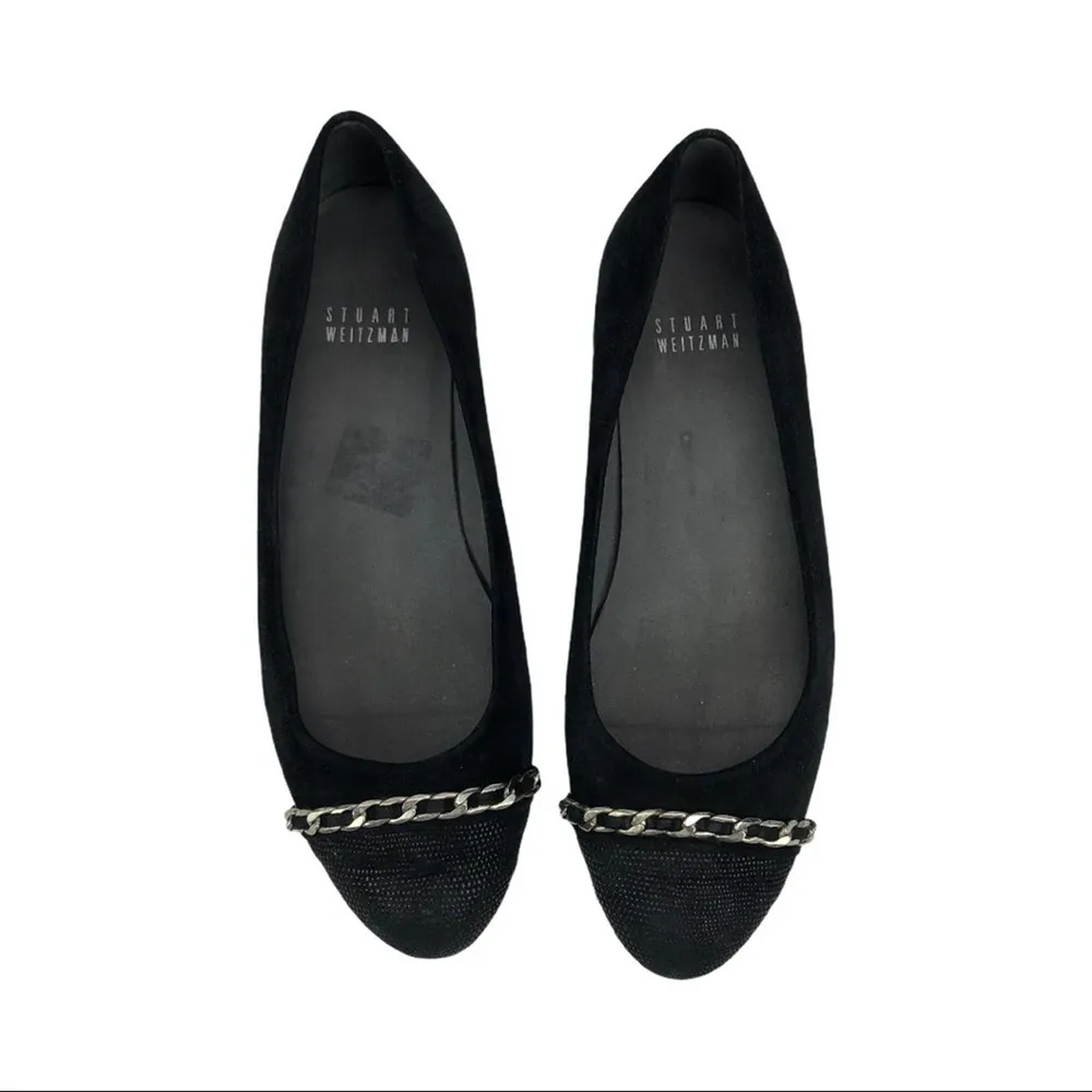 Stuart Weitzman Legacy Cap Toe Ballet Loafers Flat Black Suede Chain Accent  6 - Image 9