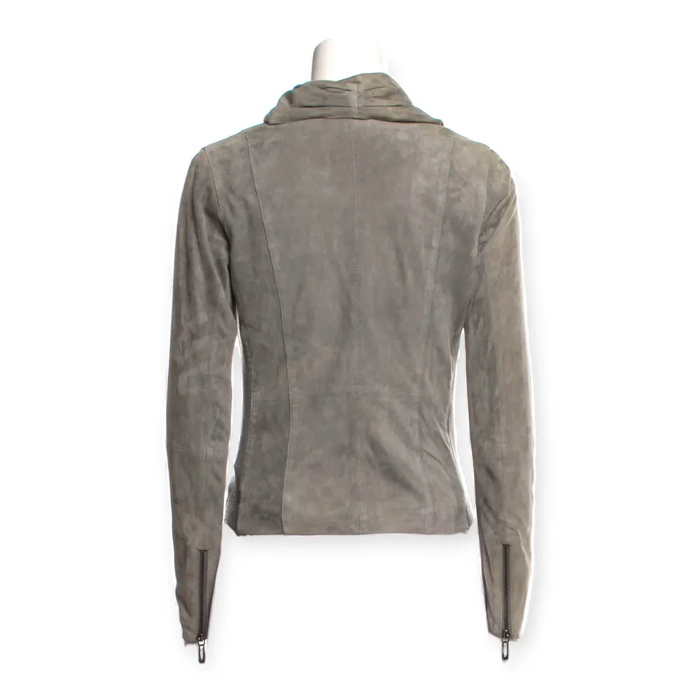 VINCE | XS | Women's Grey Suede Leather Mixed Media Drape Collar Biker Jacket - Image 4