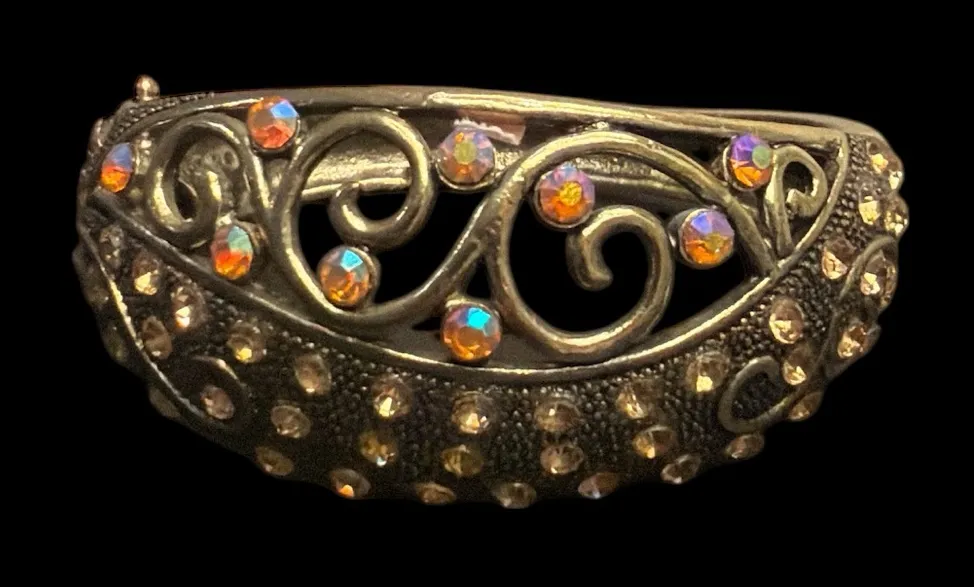 Vintage Rhinestone Bangle Bracelet Gold Tone Filigree Crystal Boho Jewelry - Image 2