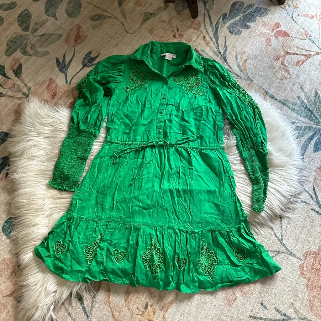 NEVER FULLY DRESSED Green Button Front Long Sleeve Mini Dress Size 2 - Image 2