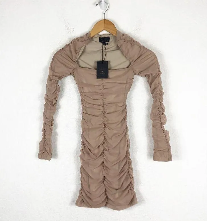 NWT Michael Costello REVOLVE Franky Mini Dress Taupe Size XS Ruched Long Sleeve Tan - Image 3