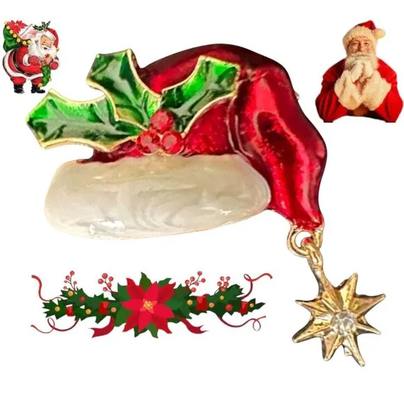 Santa Hat Brooch Pin Whimsical New Christmas Dangle Star Holly Berry Le… Red - Image 2