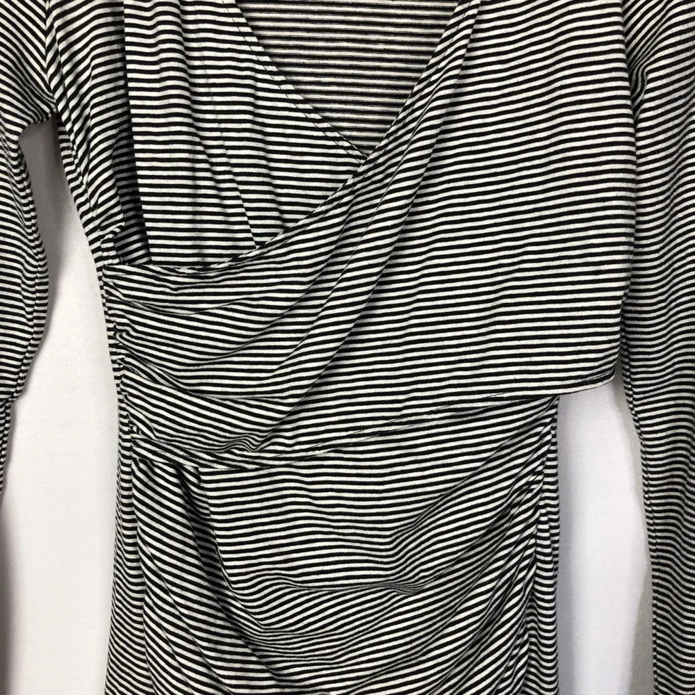 Leith Black & White Stripe Ruched Wrap Long Sleeve Bodycon Dress M - Image 7