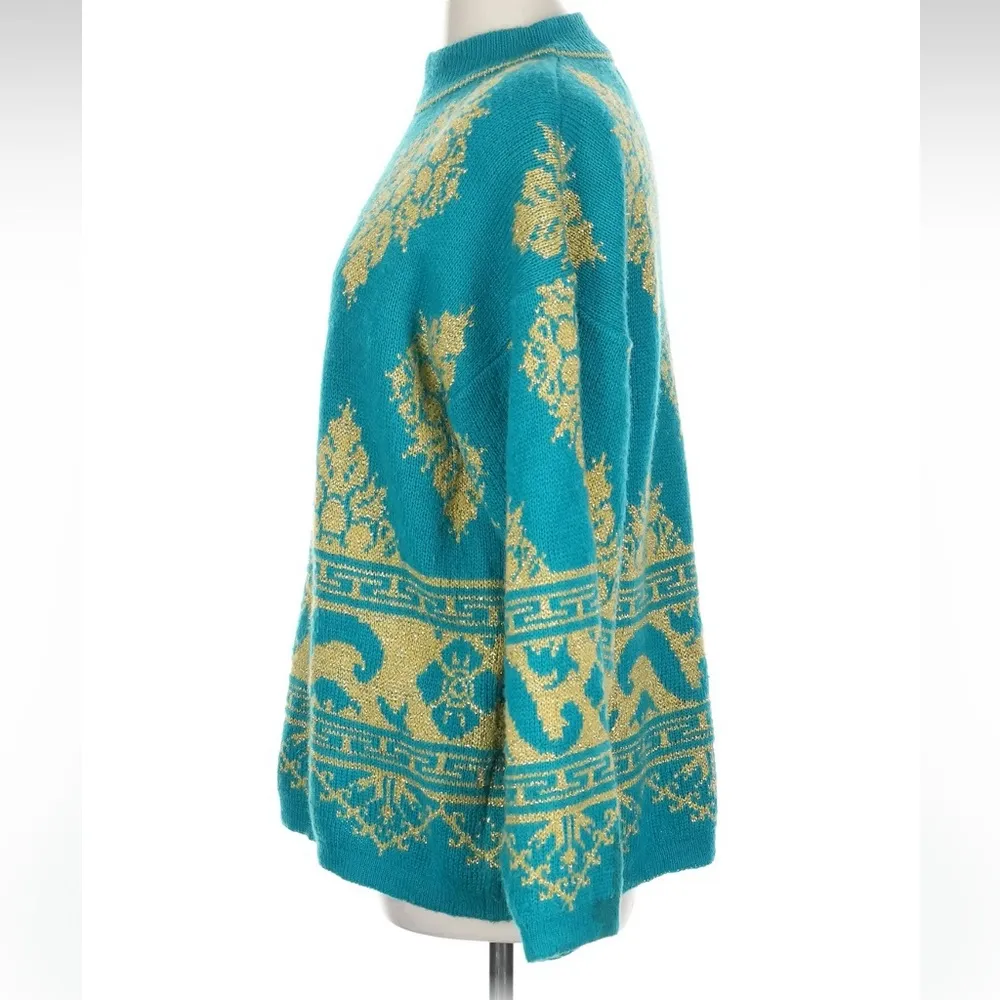 Vintage Western Connection Knit Pullover Teal Sweater Gold Pattern Size Large L Blue - Image 3