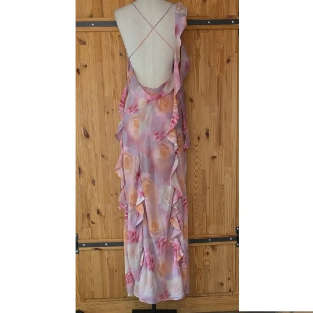 FOR LOVE AND LEMONS BEATE RUFFLE PINK MAXI DRESS IN BLURRED ROSE PRINT S - Image 7