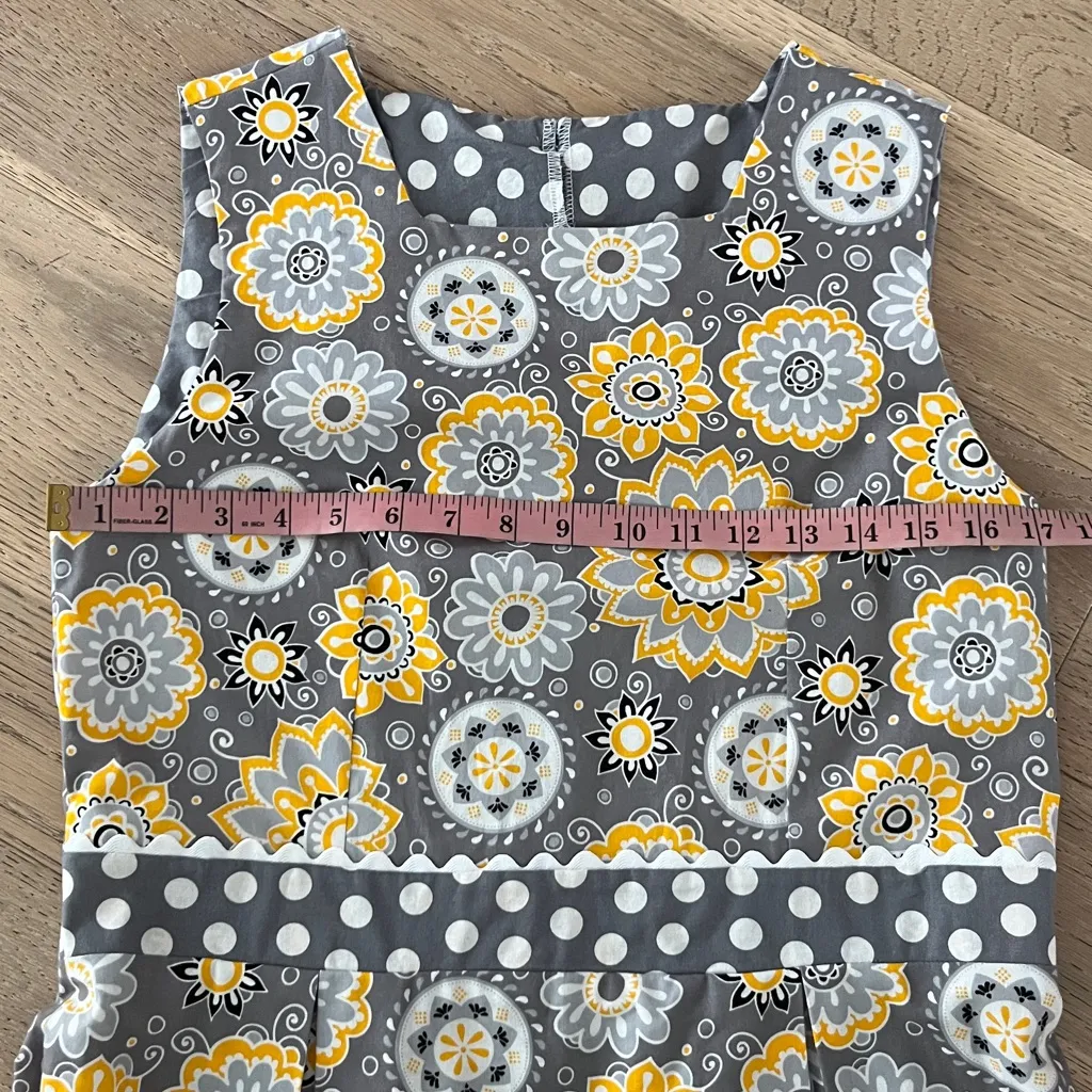 Handmade Gray Yellow Floral Polka Dot Midi Dress Mod Retro Style M - Image 5