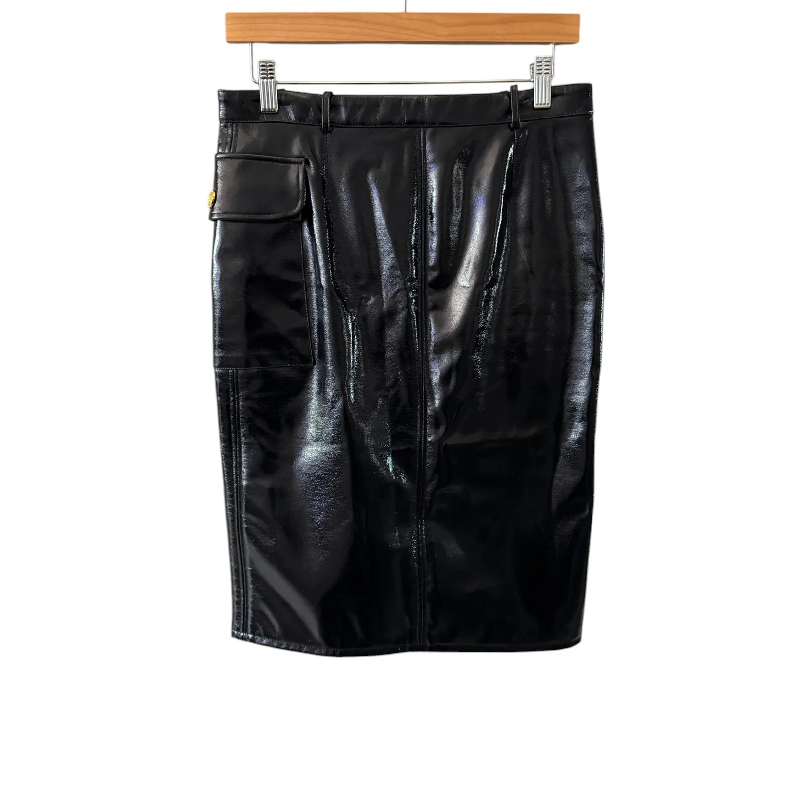Versace Vinyl Midi Skirt Medusa Head Gold Buttons Black IT 40 US 4‎ - Image 5