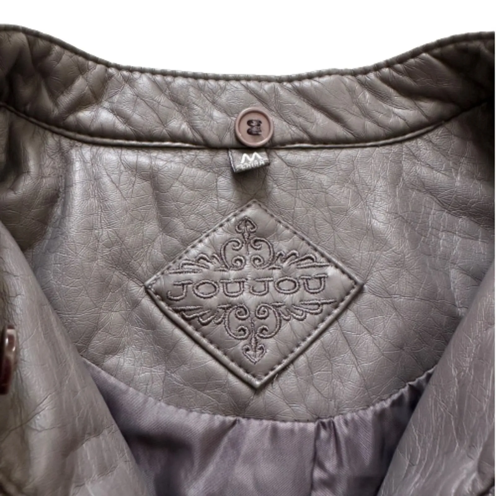 Jou Jou Jacket Gray Faux Leather Detachable Hood Fitted Pockets Moto Coat Medium - Image 3