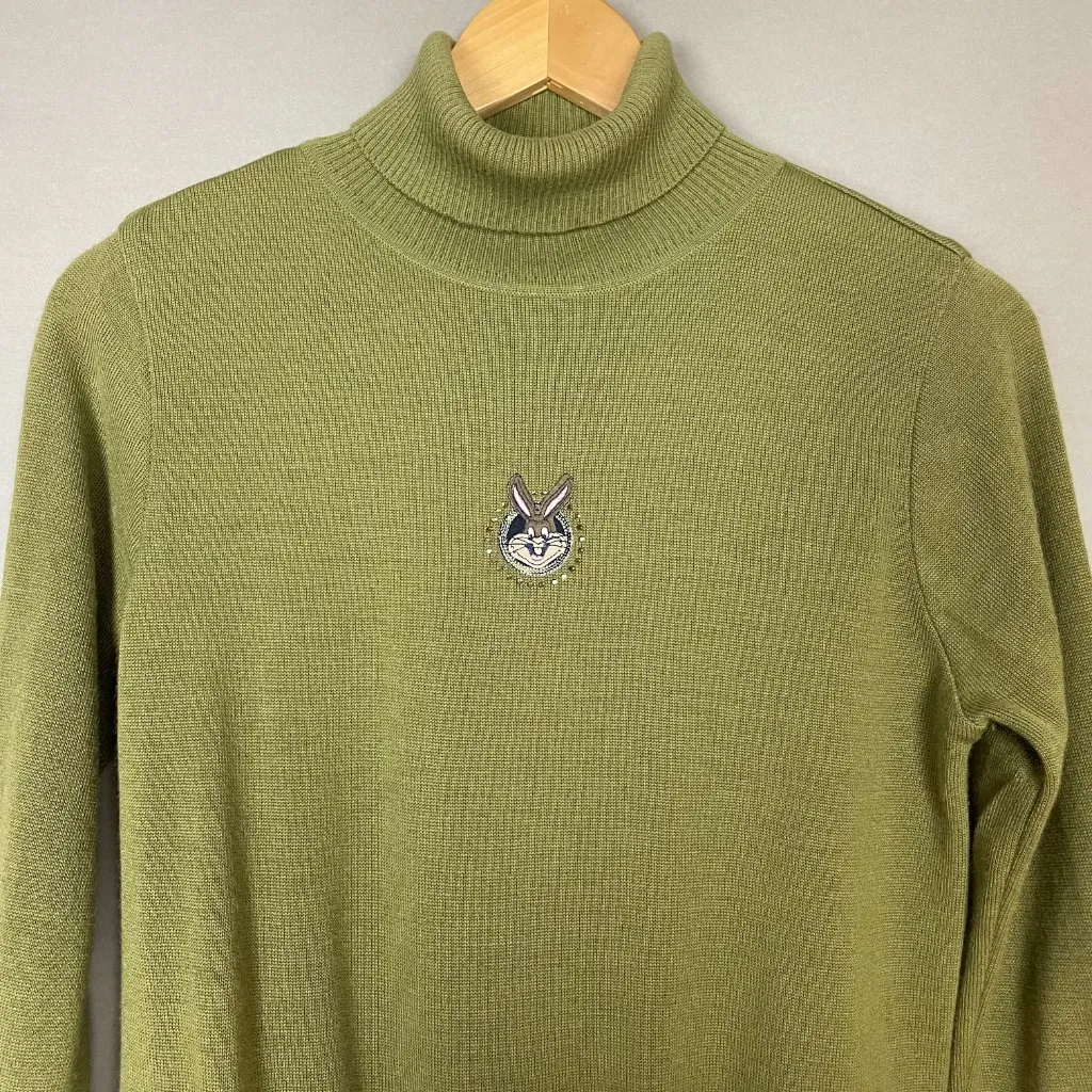 Wool Sweater Rabbit Patch‎ Quirky Green Turtleneck Long Sleeve Bunny Pullover Size M - Image 4