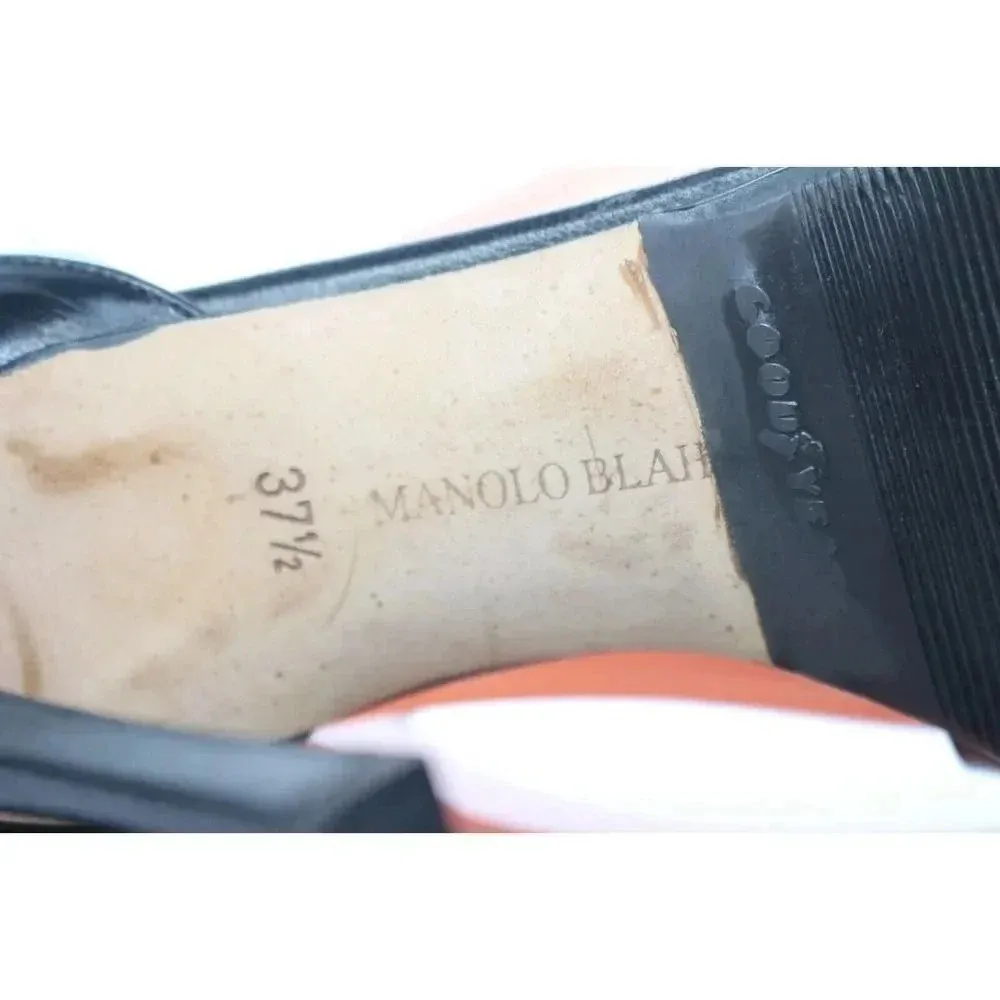Manolo Blahnik Sz 7.5 37.5 Women Calf Black Leather Heels Carolyne Sling back - Image 8