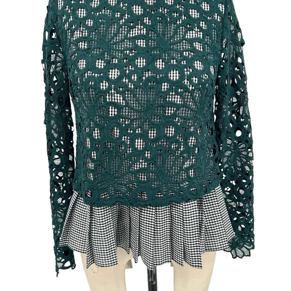 Anthropologie Maeve Gabriella Top Blouse Peplum Gingham Lace Green‎ Size XS - Image 5