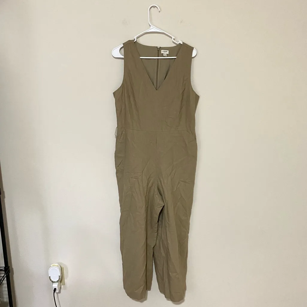 J. Crew Women’s Beige Linen-Cotton V-Neck Jumpsuit Size 12 - Image 2