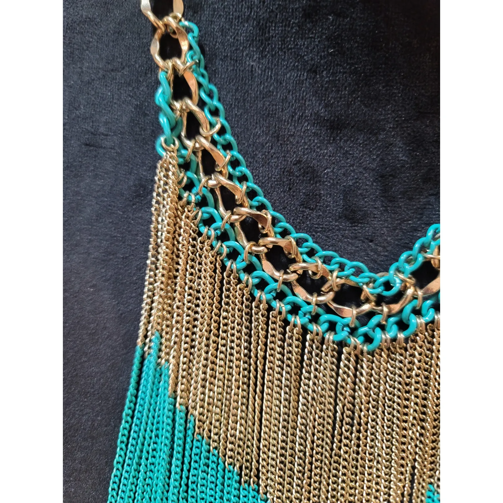 Women's Turquoise And Gold Fringe Statement Necklace With Lobster Clasp Lock Blue - Image 5