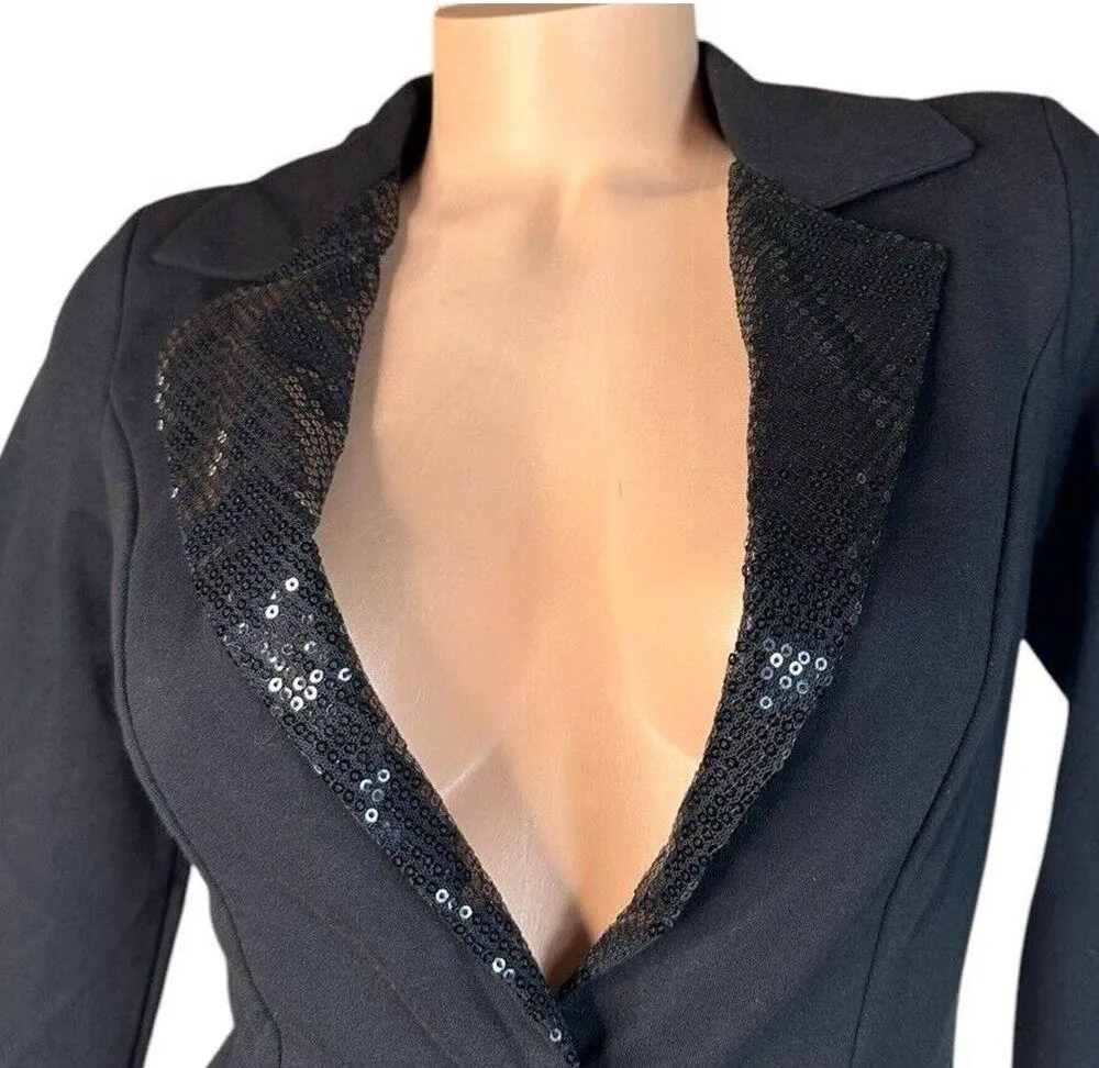 NEW No Boundaries Black Sequin Lapel Holiday Party Knit Blazer w/ Stretch S 3-5 - Image 2