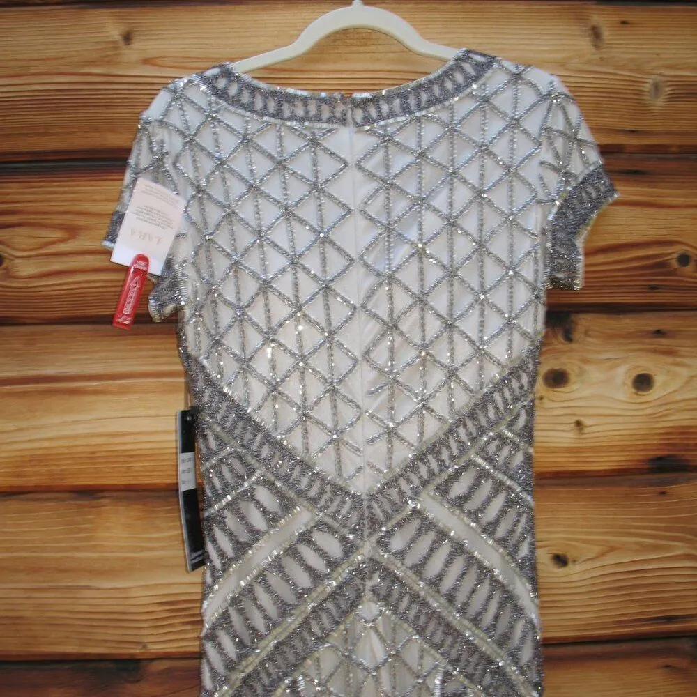 LARA Beaded V Neck Neckline Dress Gown Cap Sleeves Tan Size 6 - Image 11