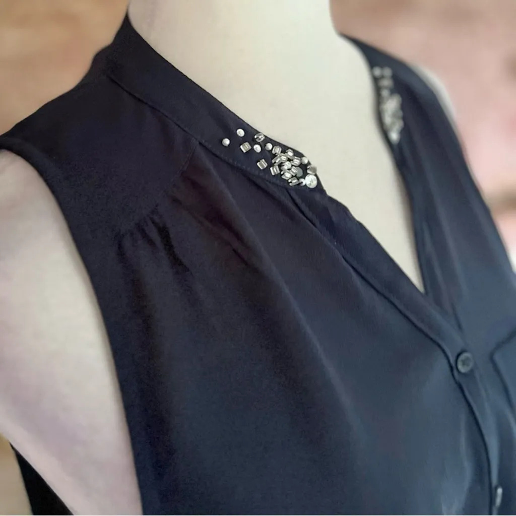 Abercrombie & Fitch Top Beaded Beaded Sheer Back High Low Navy Blue XS Party Mod - Image 12