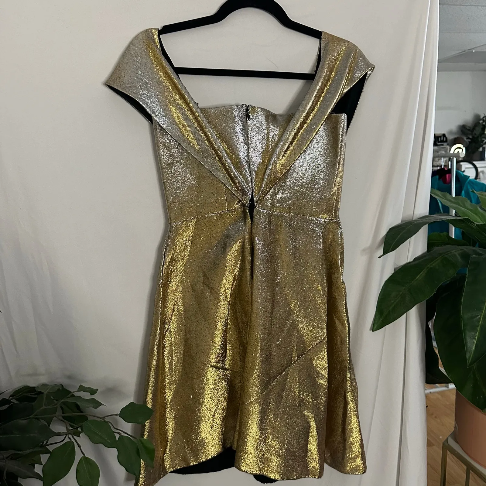 Sandro Palacia Off The Shoulder Mini Dress Metallic Gold Size L - Image 8
