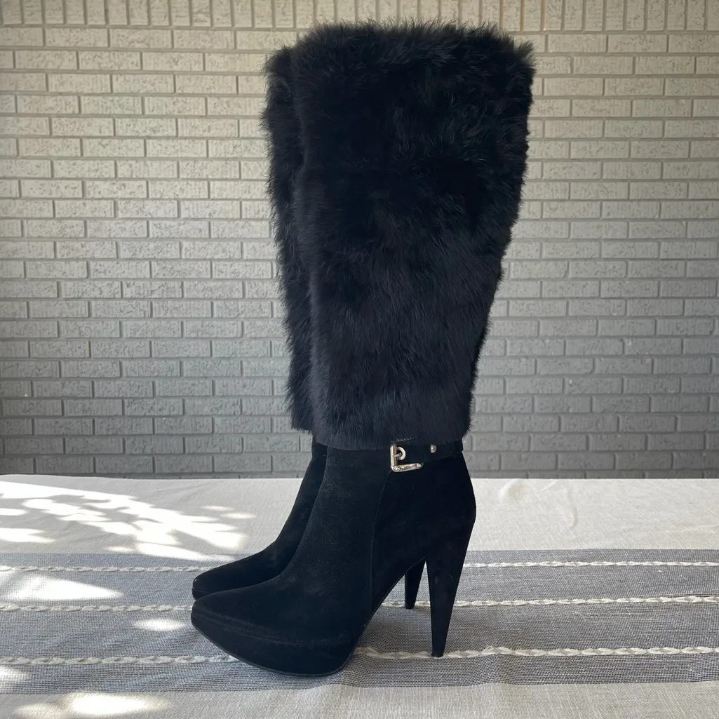Stuart Weitzman Boots Tall Black Suede High Heel Fox Fur Size 8 - Image 3