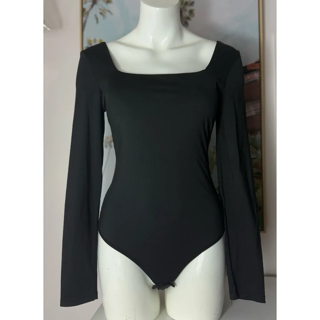 Popilush Black Square Neck Shapewear Bodysuit Long Sleeve Top XL Built In Bra - Image 2