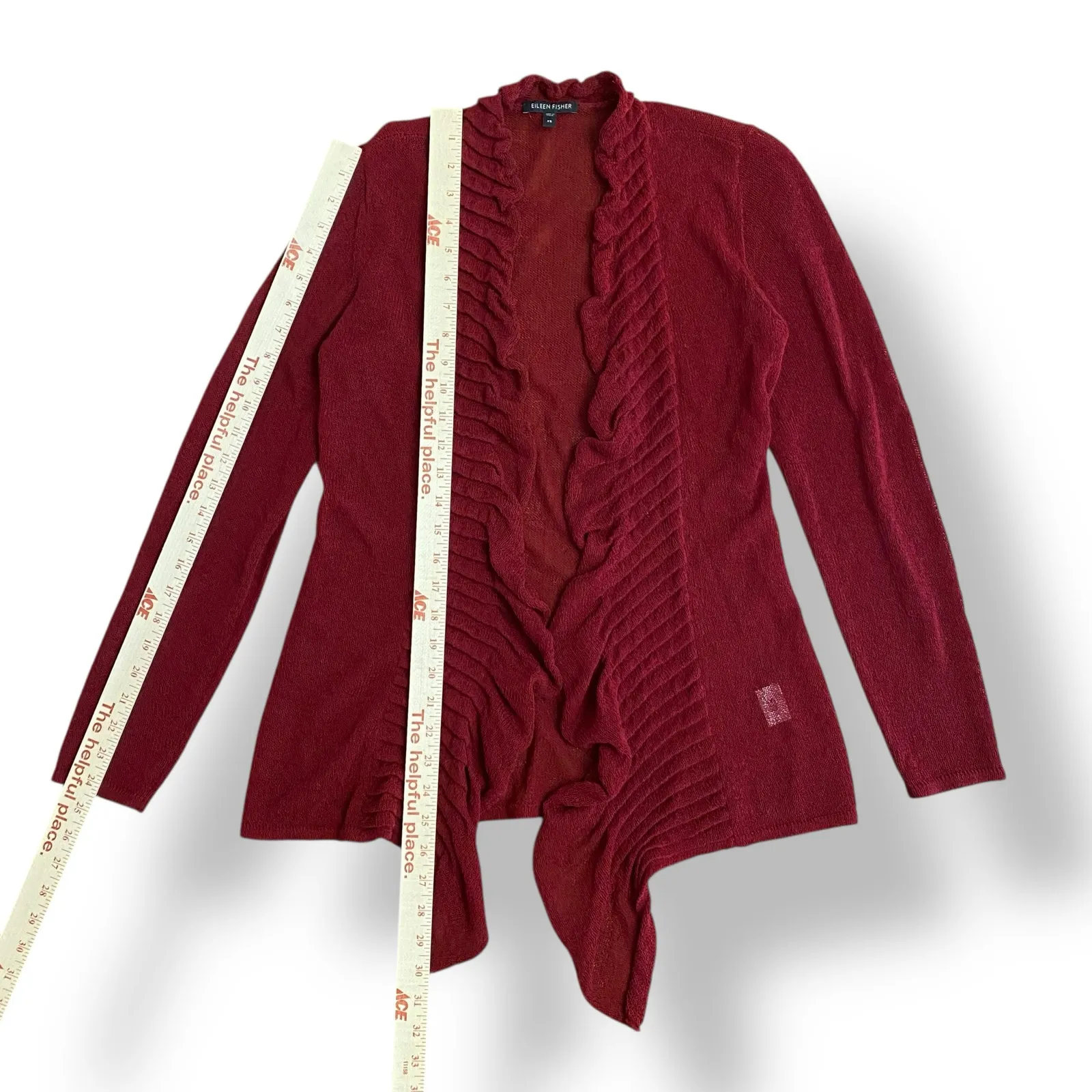 Eileen Fisher Wine Red Linen Blend Open Knit Open Front Ruffle Cardigan Size‎ XS - Image 4