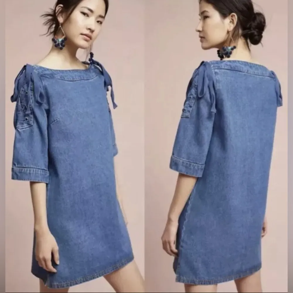 NEW Anthropologie Maeve Denim Mini Shift Dress w/ Lace Up Shoulders Women’s S - Image 2