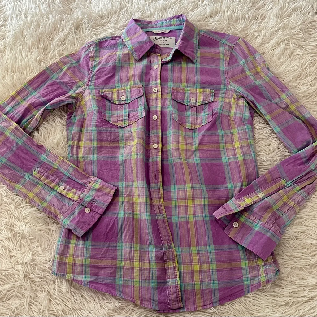 Aeropostale Signature Eighty-Seven Women’s Medium Plaid Button Down Shirt Purple - Image 8