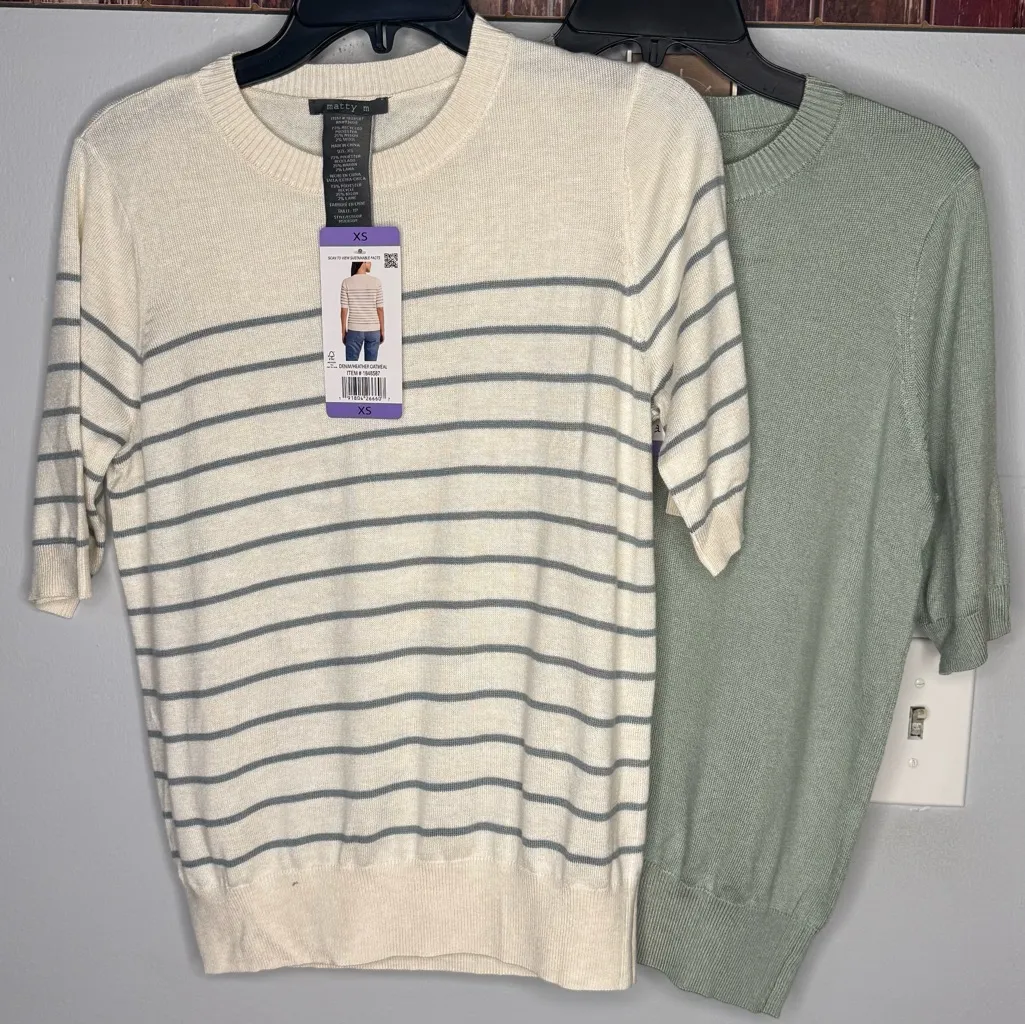 Set of 2/Matty M Women's Short Sleeve lightweight Sweater, Multi, Green Size XS - Image 2