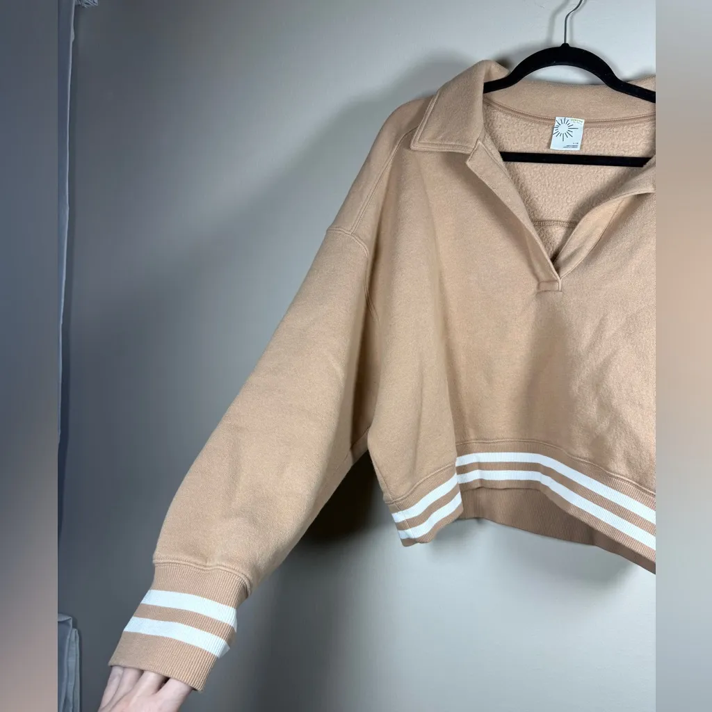 Aerie Cloud Fleece Polo Sweatshirt Beach Dune Tan Preppy Large Crop - Image 9