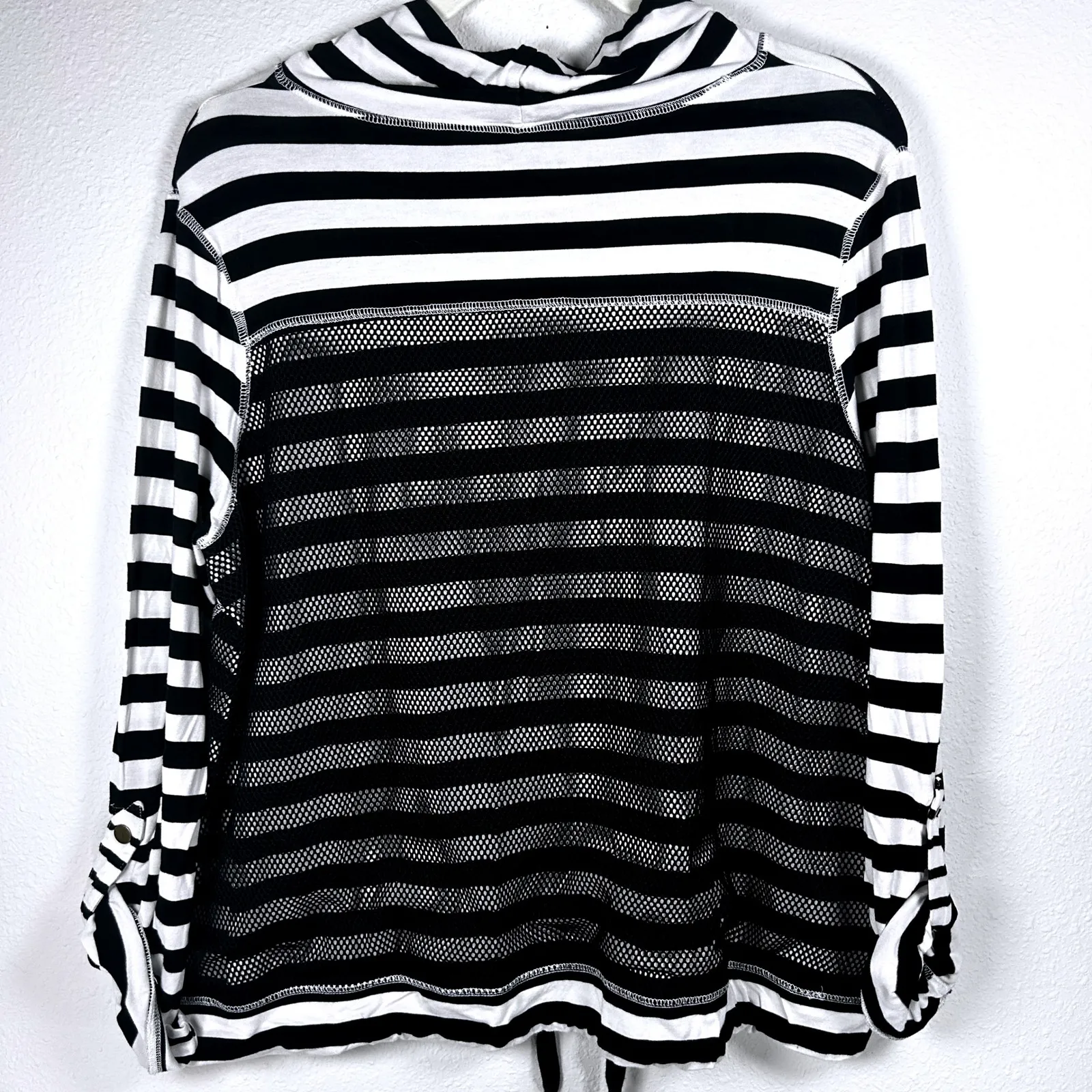 Black & White Striped Cowl Neck Pullover Top‎ Roll Tab Sleeve Mesh Large - Image 7