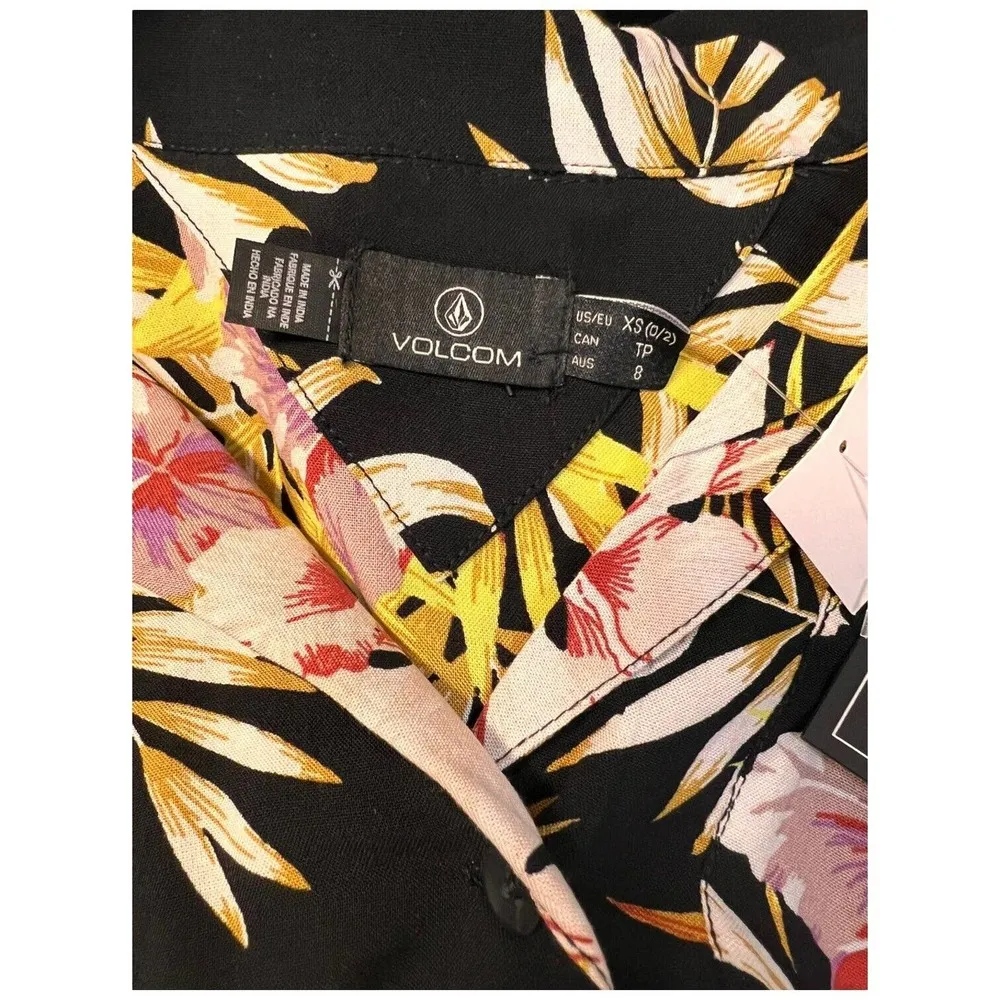 New Volcom Gen Wow Womens Cropped Tropical Floral Shirt Black XS - Image 9