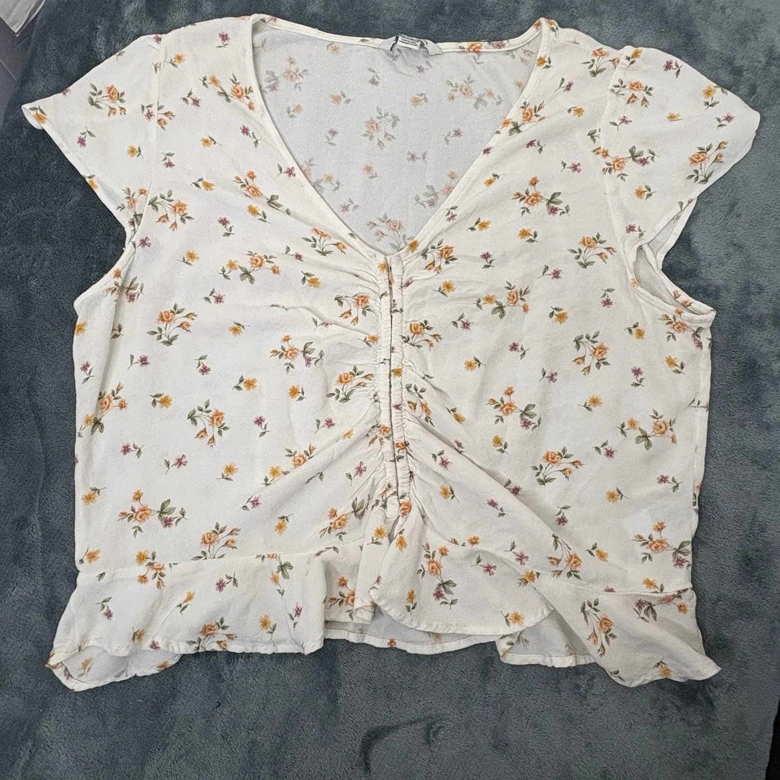 American Eagle Short Sleeve Printed V Neck Blouse Top Shirt Cream Floral Crop XL - Image 2