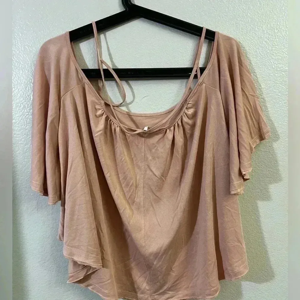 Free People Womens Top Sz XS Strappy Cold Shoulder pink Raw Hem We the free - Image 2