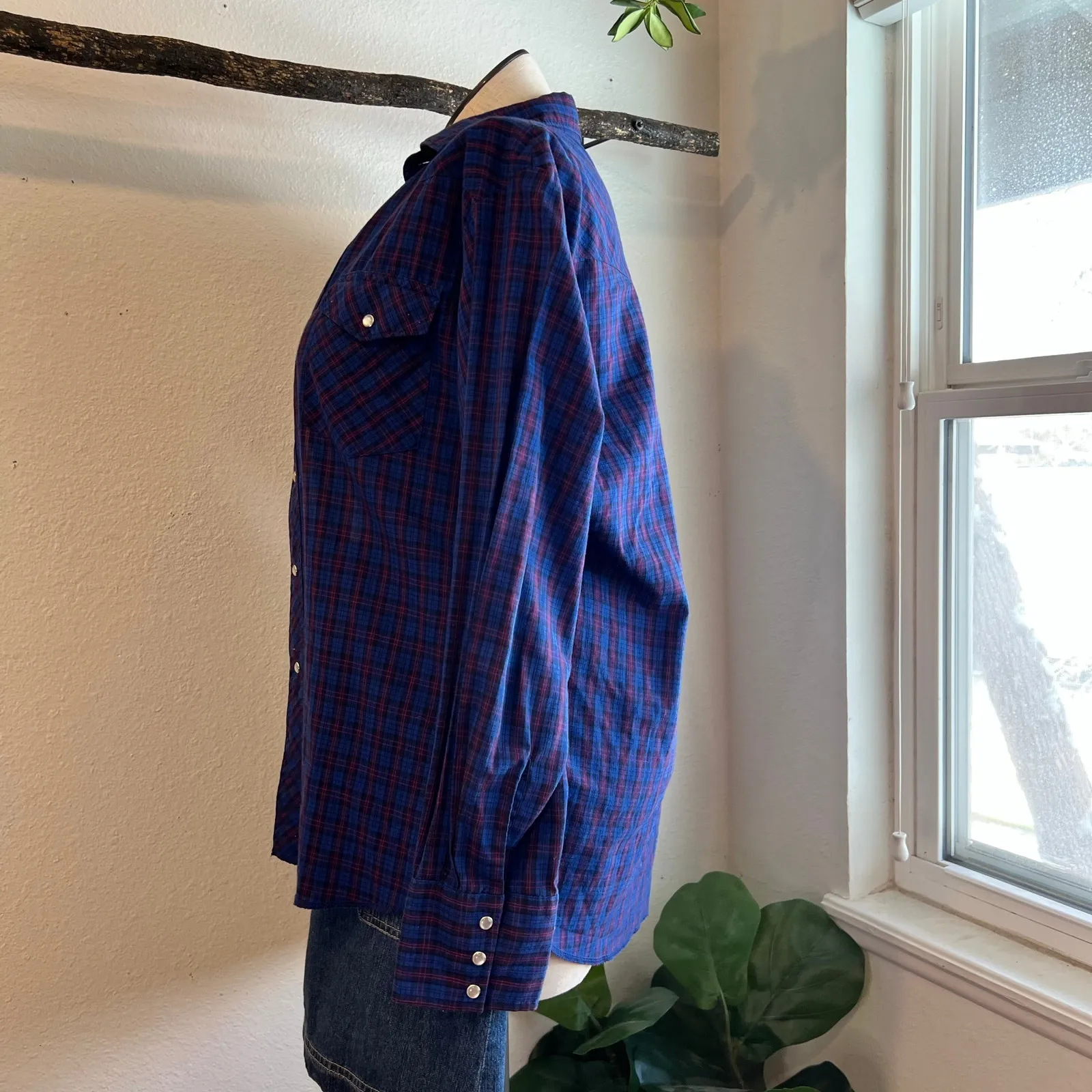 Vintage 90s Wrangler Blue & Red Cotton Plaid Pearl Snap Western Shirt Size XL - Image 3