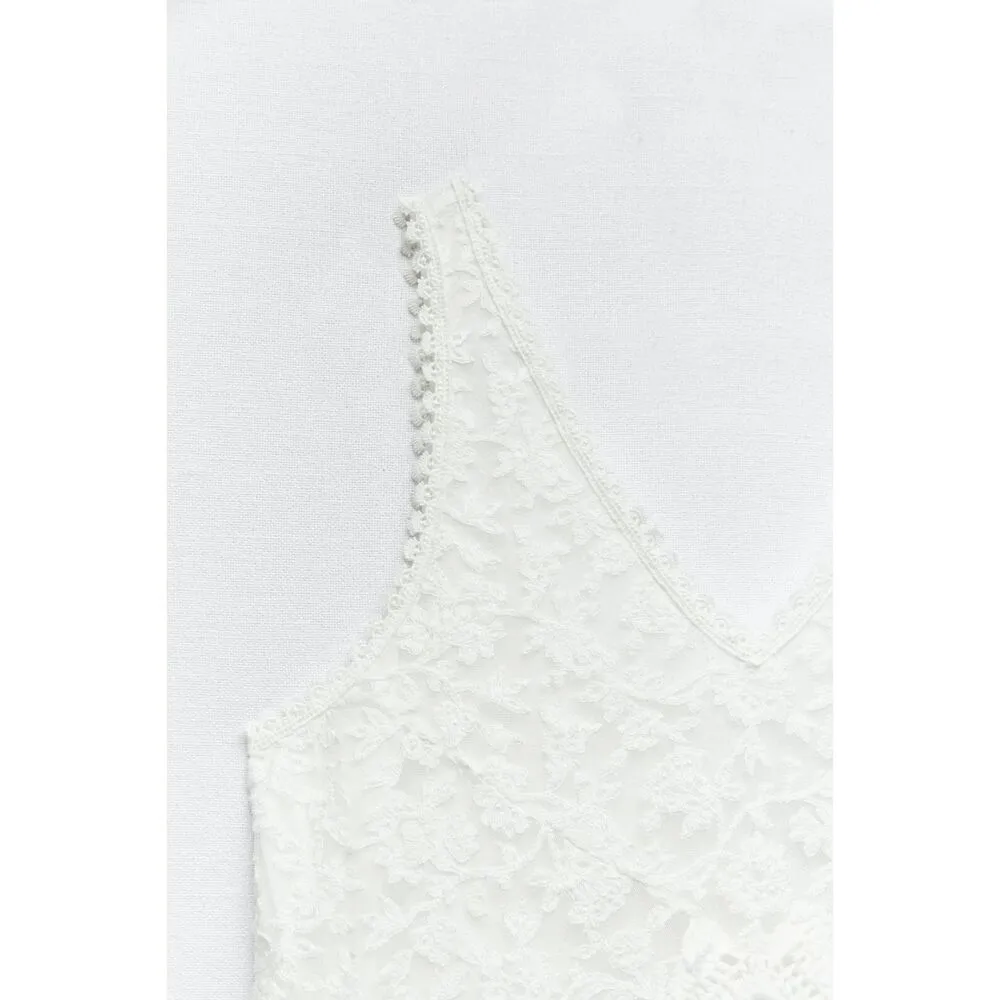 ZARA V-Neck Contrast Crochet Knit Lace Midi Dress White Size S NWT - Image 6