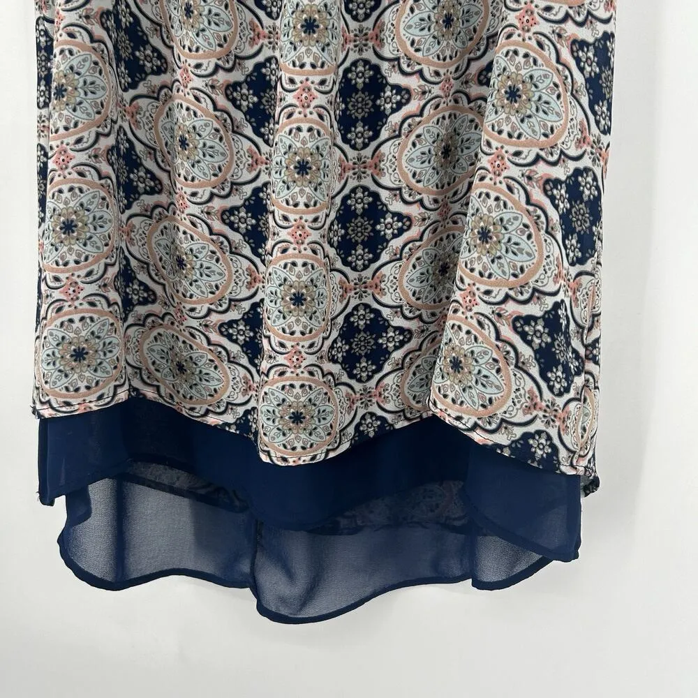 DR2 Daniel Rainn Boho Tank Top Blue Chiffon Layered Mixed Pattern Flowy Size M - Image 3