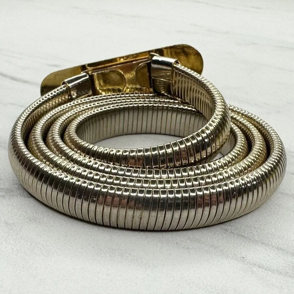 Vintage Bar Buckle Gold Tone Coil Stretch Cinch Belt Size XS Small S - Image 6
