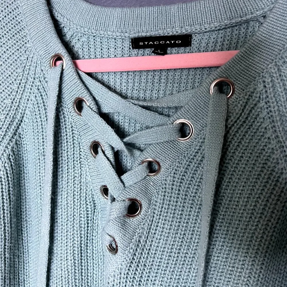 Staccato Sz Large Light Blue Knit Pullover Sweater Tie ups Cottagecore Feminine - Image 2