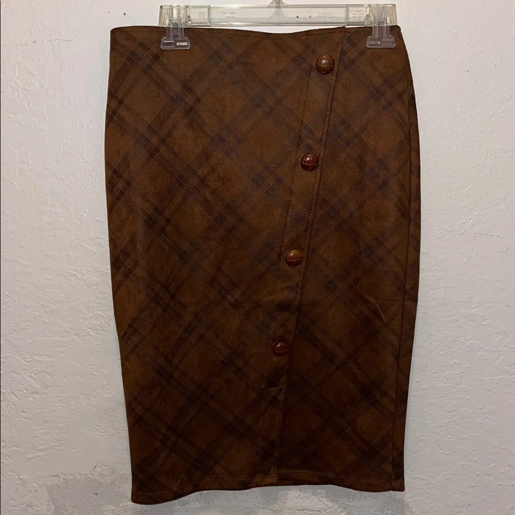 Vintage Modest Skirt Plaid Pencil Skirt with front slit stretchy fabric Brown - Image 2
