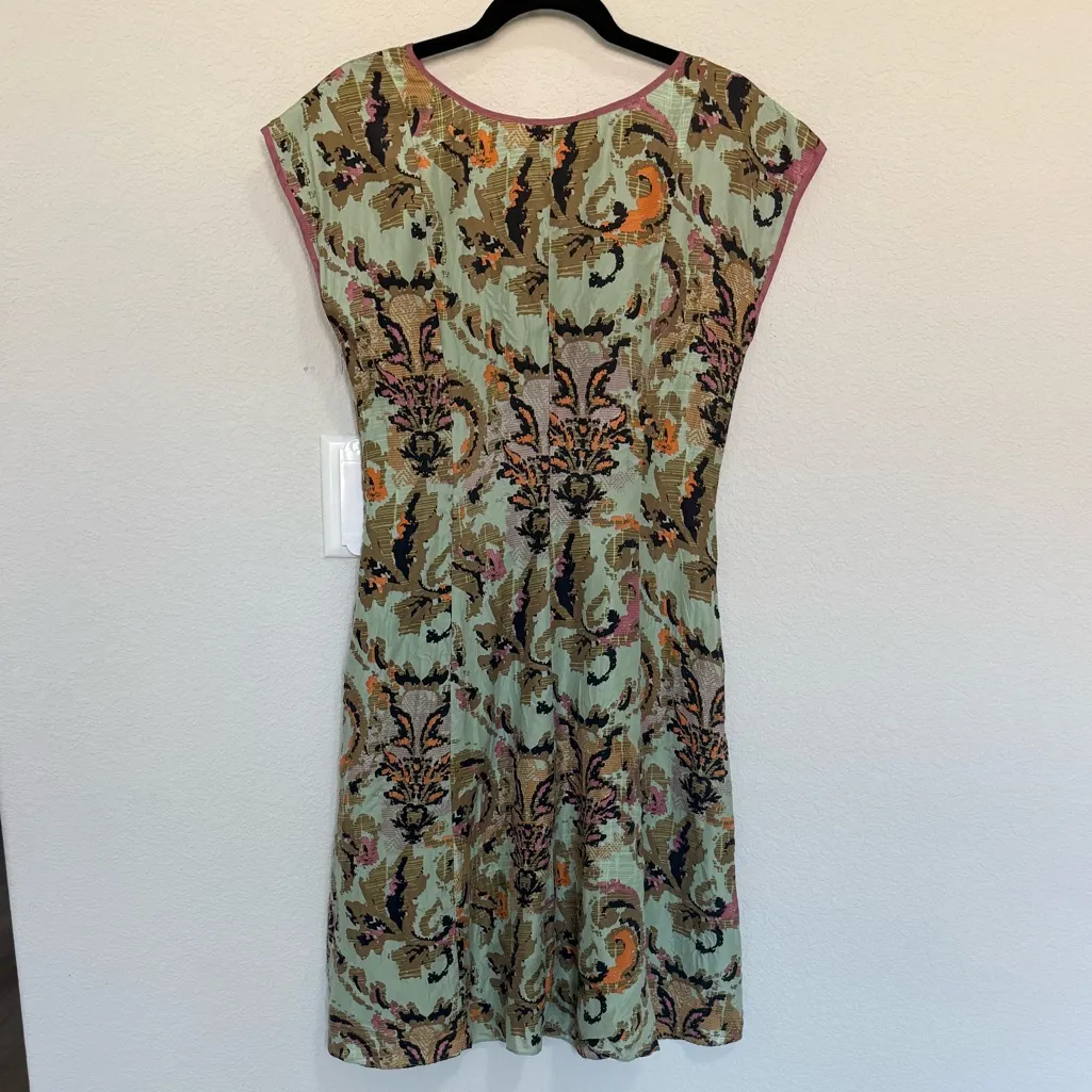 Sundance Arcana Ikat Pixilated Paisley 100% Silk Midi Dress Sz 4 Green Tan Pink - Image 8