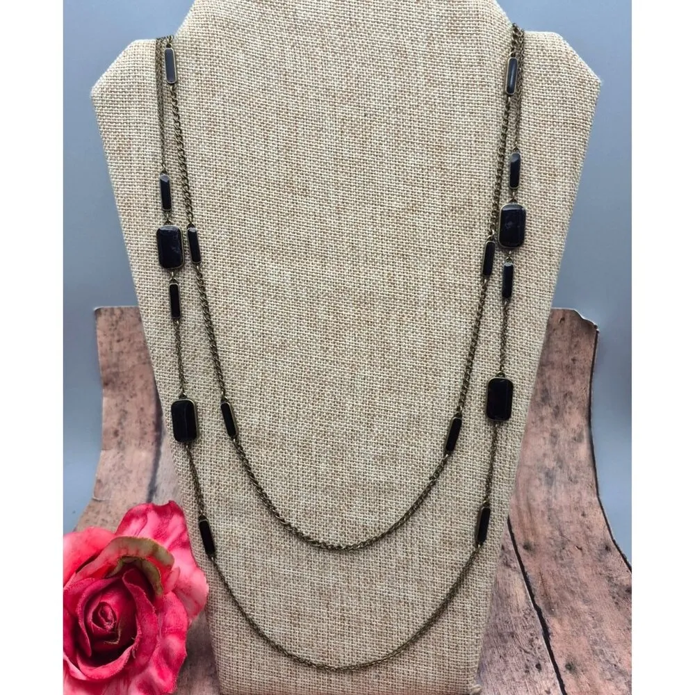 LOFT Black & Gray Double Chain Gun Metal, Enamel & Crystal Station Necklace 32" - Image 5